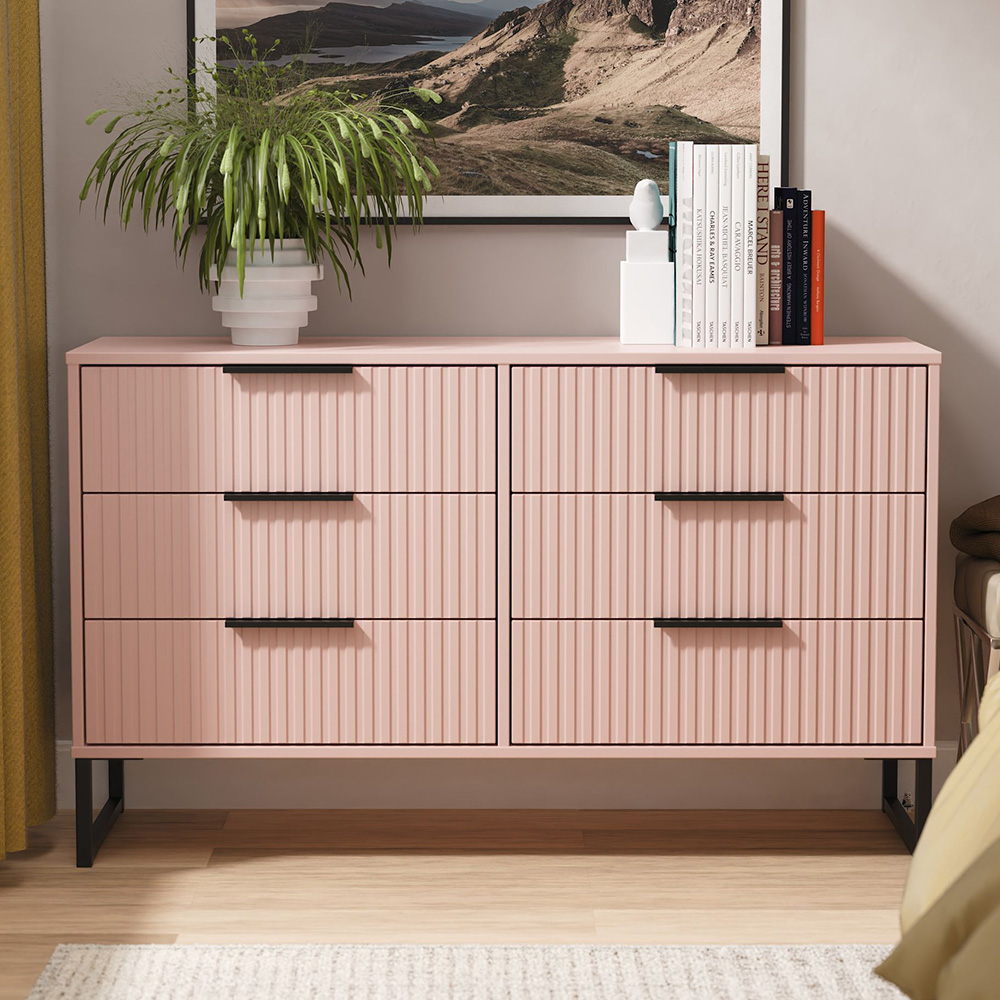 Crowndale Fluted 6 Drawer Kobe Pink Wide Chest of Drawers Ready Assembled Image 1
