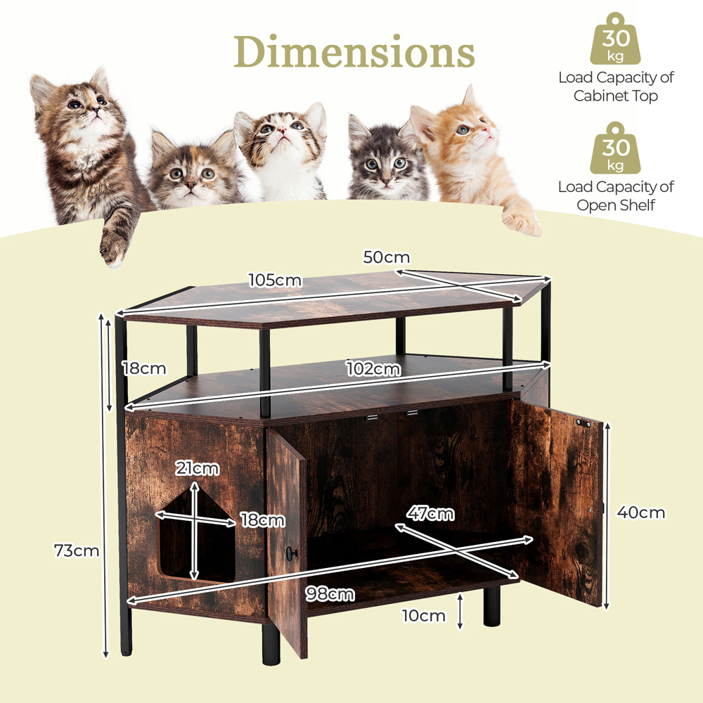 Costway Rustic Brown Corner Cat Litter Box Enclosure with Open Shelf Image 9