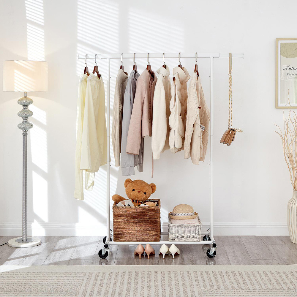 House Of Home Single Shelf White Heavy-Duty Adjustable Rolling Clothes Rail Image 4