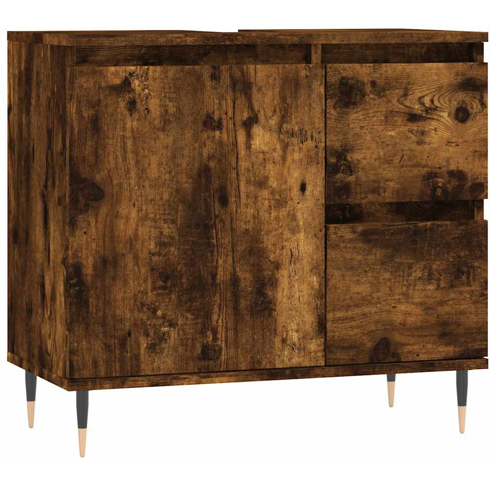 vidaXL Single Door 2 Drawer Smoked Oak Freestanding Under Sink Bathroom Cabinet Image 2
