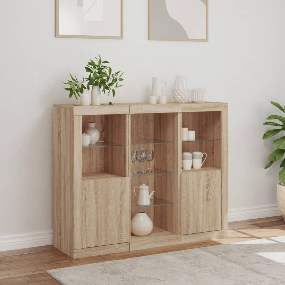 vidaXL 2 Door 8 Shelf Sonoma Oak LED Sideboard 3 Piece Image 9