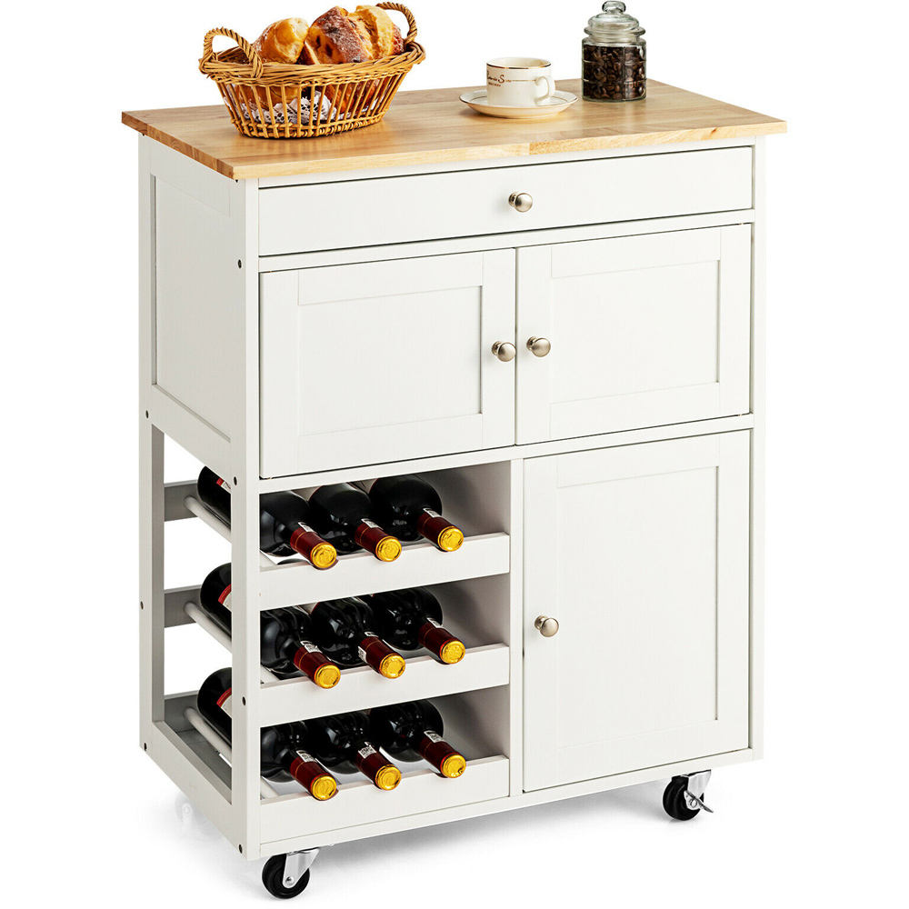 Costway White 3 Door Single Drawer and 3 Wine Racks Rolling Kitchen Cart Image 4