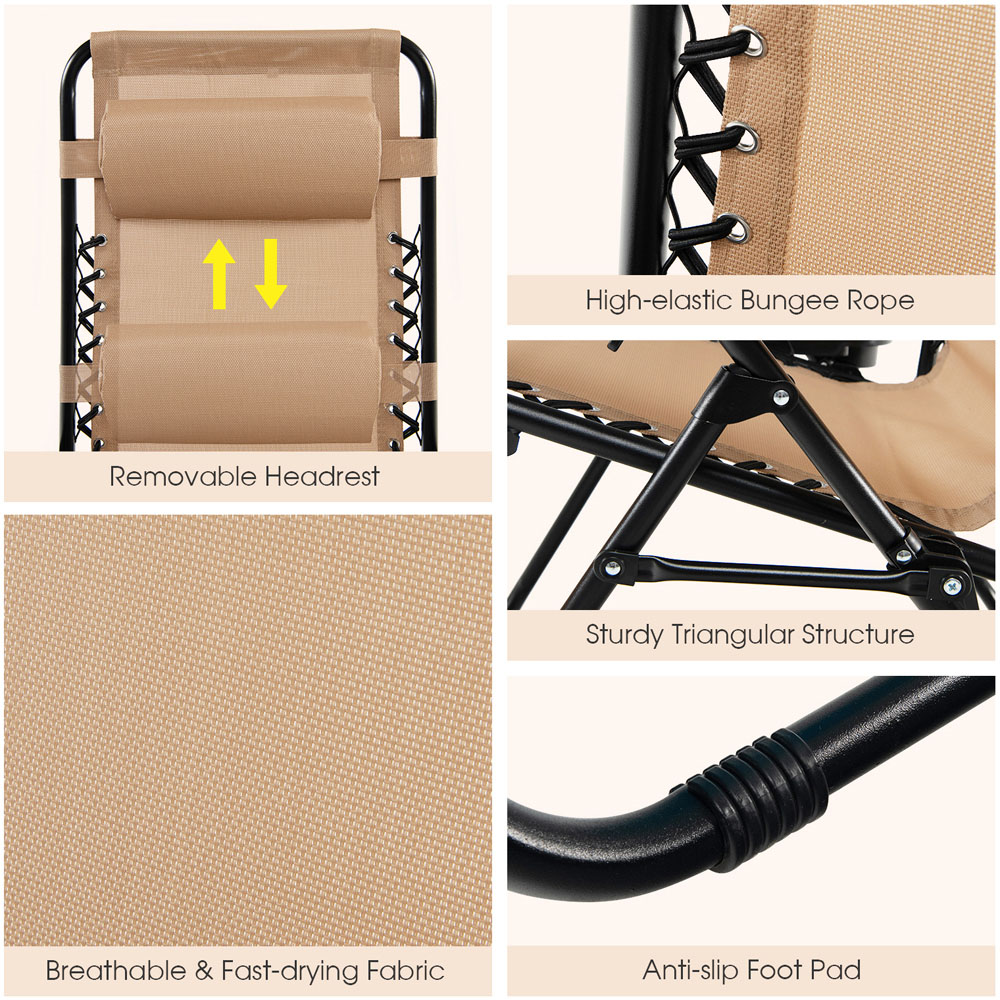 Costway Beige Folding Patio Recliner with Removable Headrest and Cup Holder Image 7