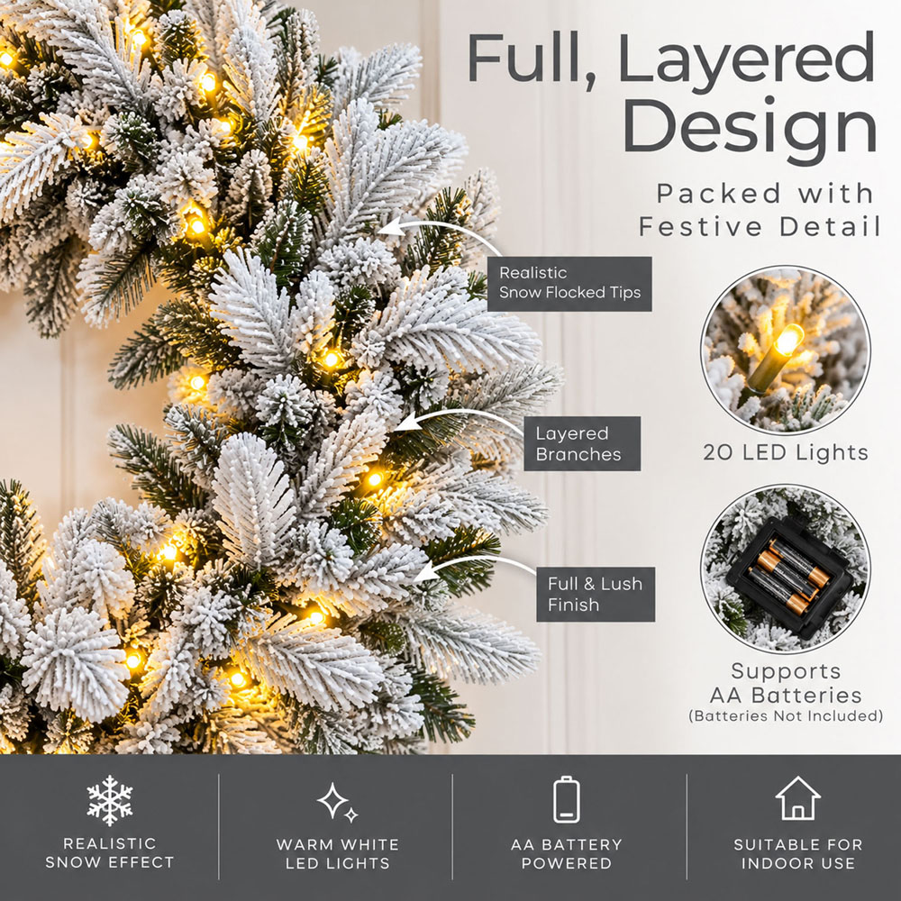 Neo Warm White LED Pre-Lit Artificial Snow-Flocked Christmas Wreath 50cm Image 5