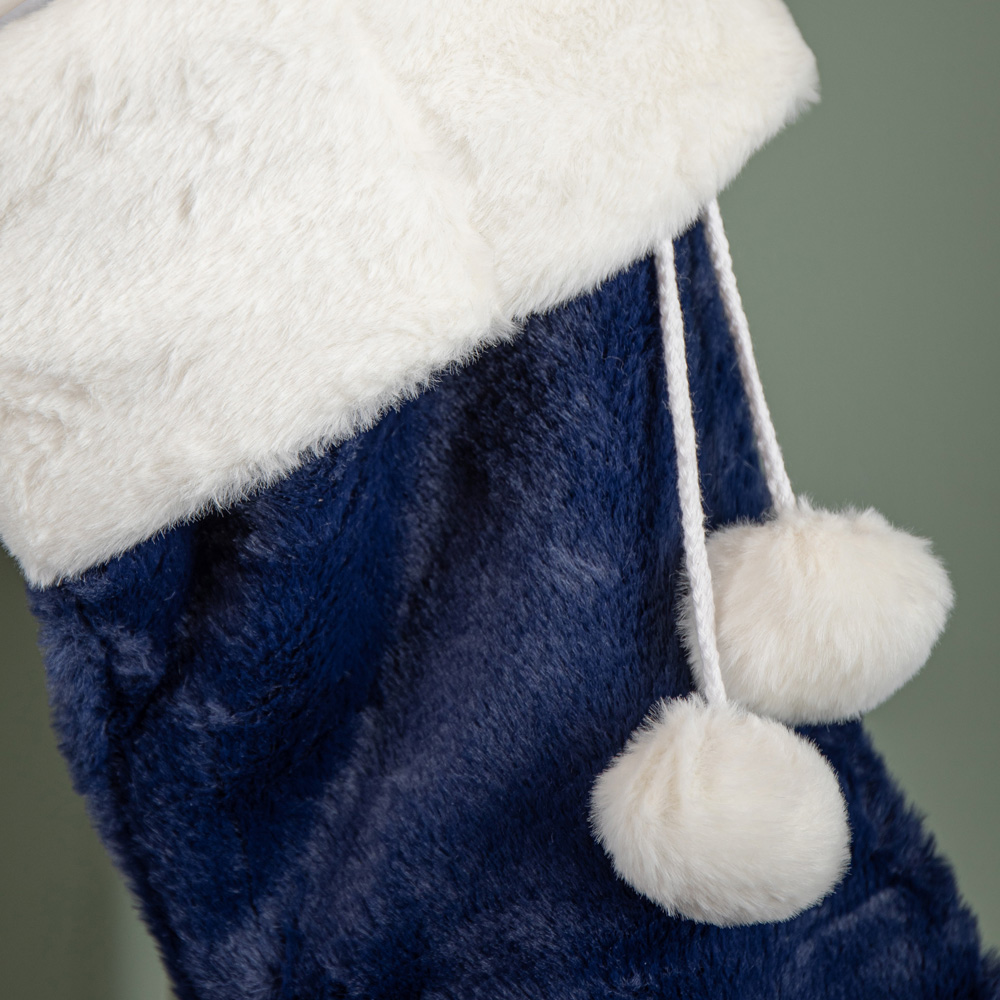 Samuel Alexander Blue Plush Hanging Christmas Stocking with Faux Fur Trim and Pom Poms 55cm Image 6