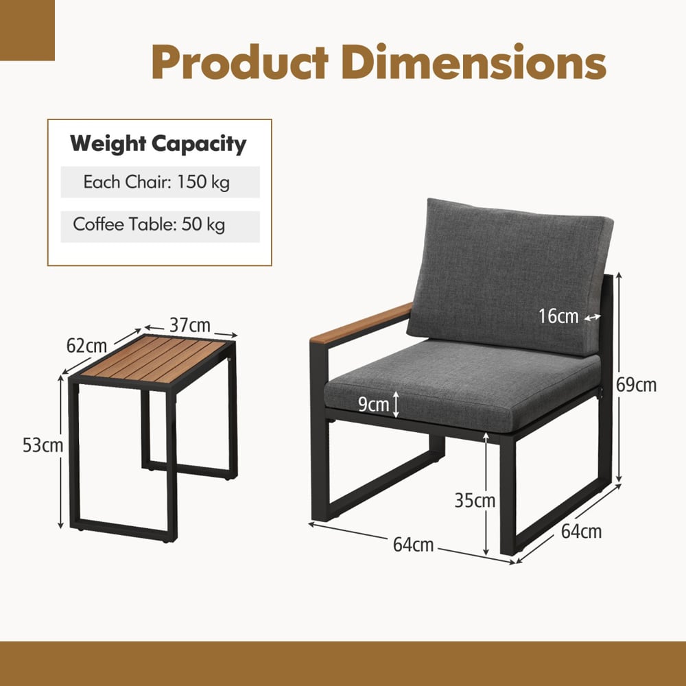 Costway 2 Seater Grey Patio Furniture Set with Cushions Image 8