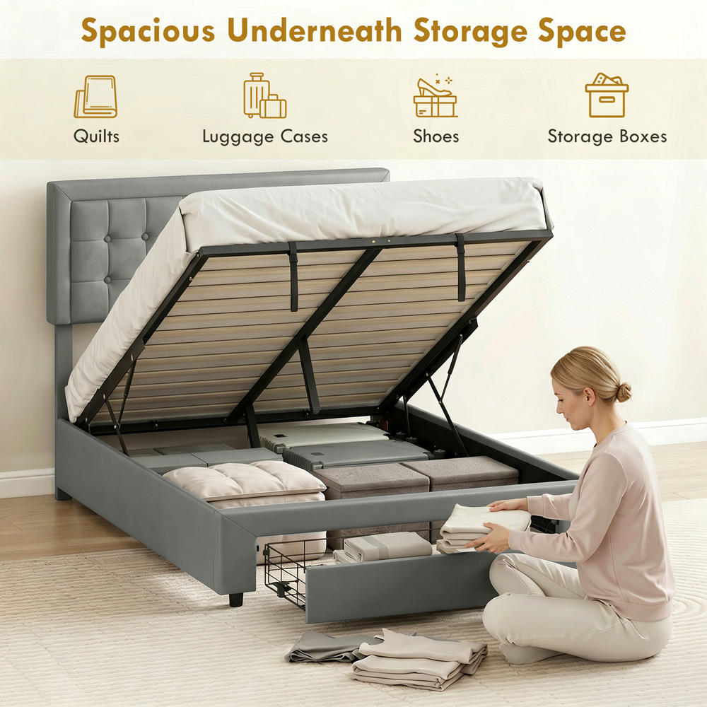 HOMCOM King Size Grey Bed Frame with Storage and Adjustable Headboard Image 5