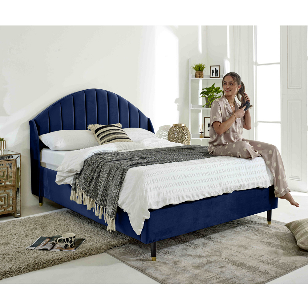 Eleganza Elysium King Size Blue Plush Velvet Bed Frame with Curved Winged Headboard Image 5