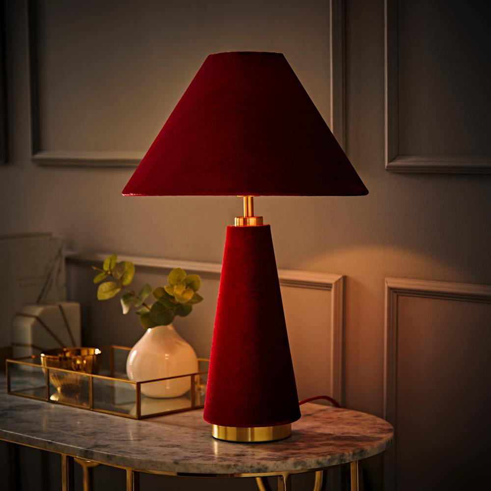 ValueLights Martha Conical Burgundy Velvet Table Lamp and Bulb Image 2