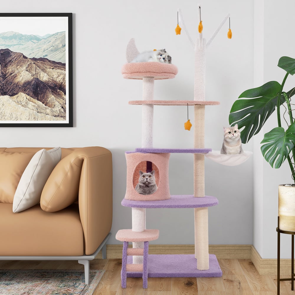 Costway Purple Multi Level Cat Tower with Sisal Covered Scratching Posts Image 2