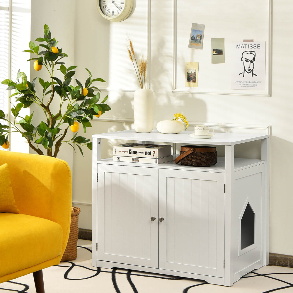 Costway White Cat Litter Box Enclosure with Adjustable and Removable Divider Image 4