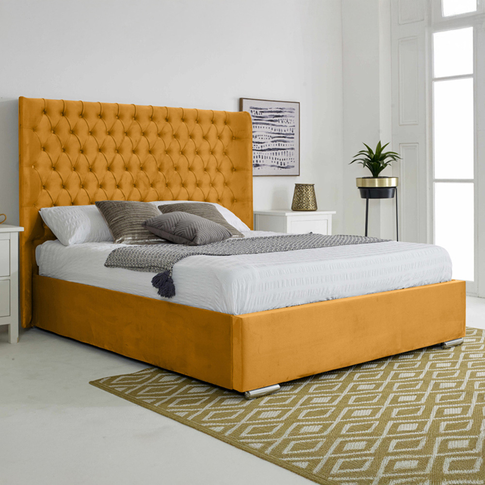 Eleganza Home Woodlake Small Double Mustard Plush Velvet Bed Frame with Chesterfield Headboard Image 1