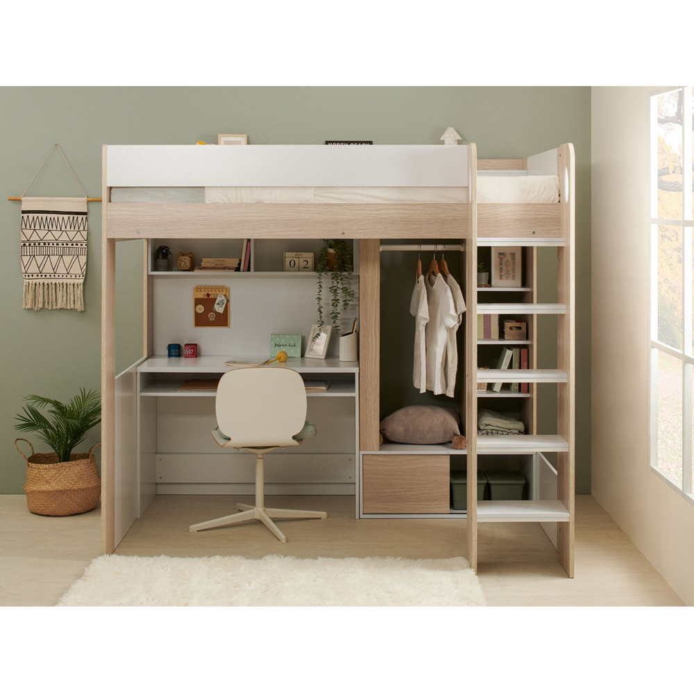 Flair Hampton White and Oak High Sleeper with Desk and Wardrobe Image 5