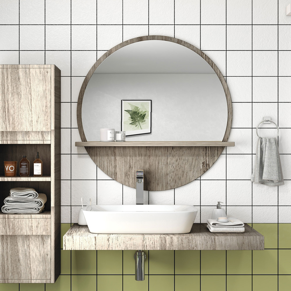 Kleankin Grey Wood Effect Round Makeup Mirror with Shelf 45cm Image 2