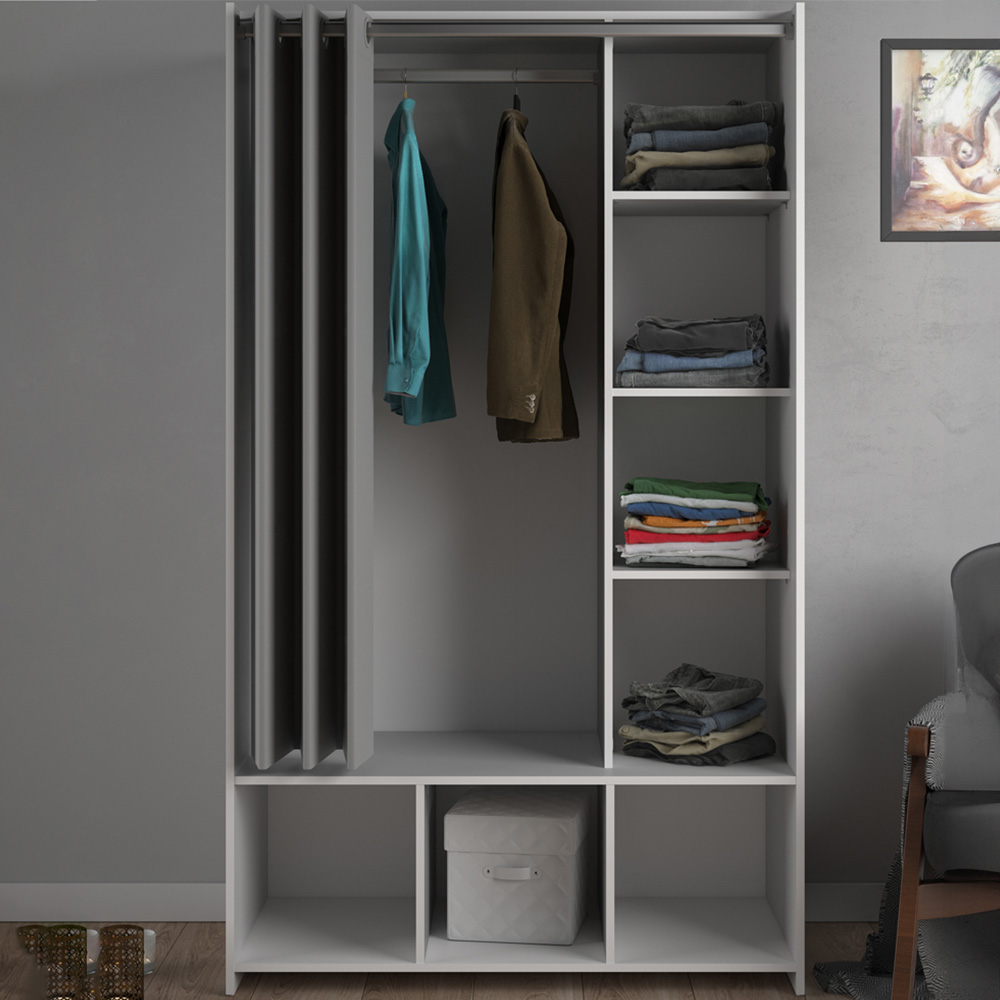 Florence Uppsala 7 Shelf White Open Wardrobe with Grey Textile Curtain Image 1