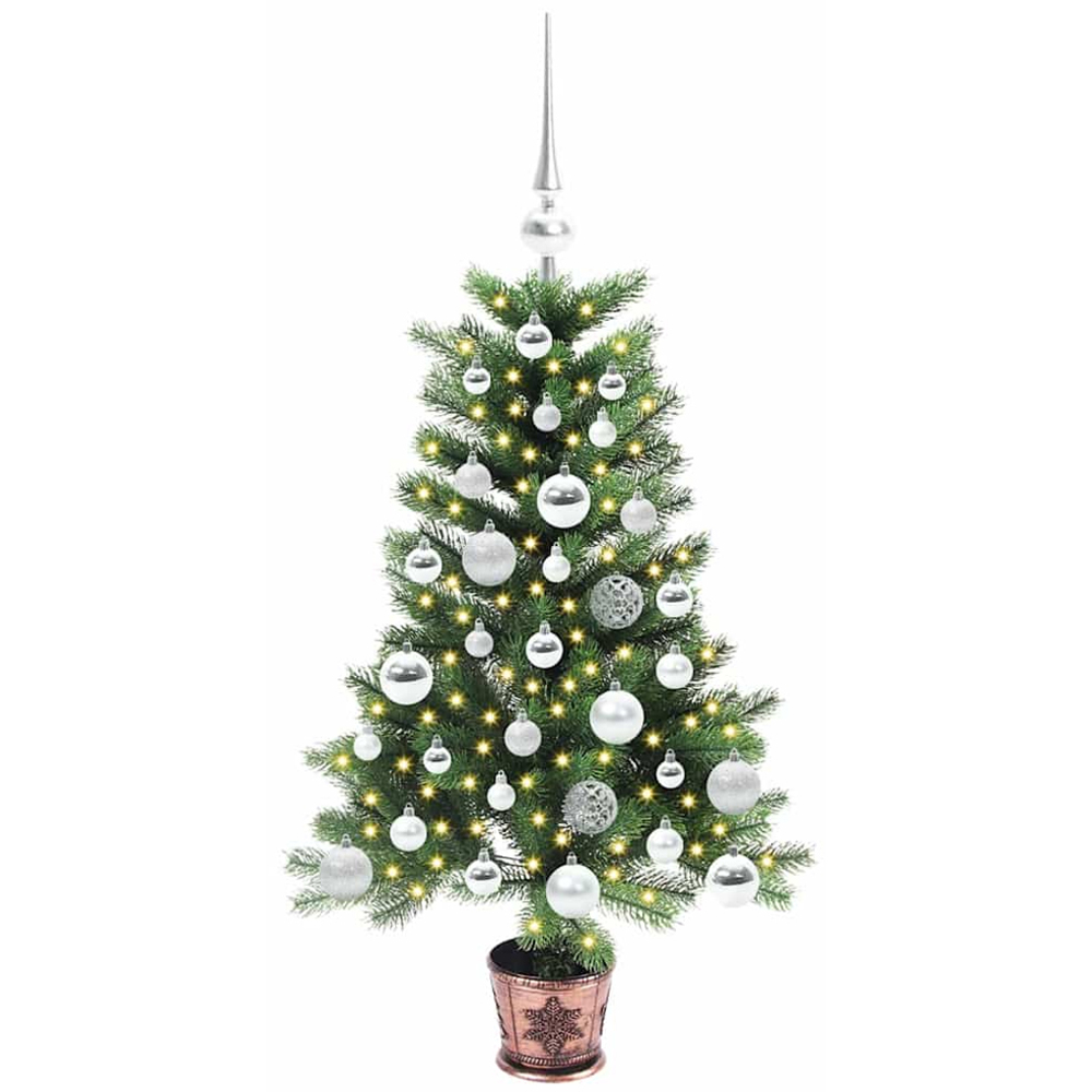 vidaXL Pre-Lit Silver Baubles Green Artificial Christmas Tree 3ft Image 1