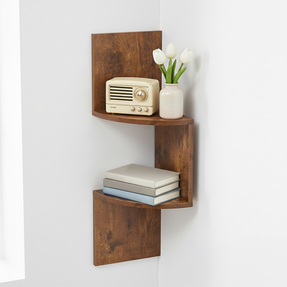 Living and Home 2 Shelf Dark Wood Wall Mounted Corner Shelf Image 8