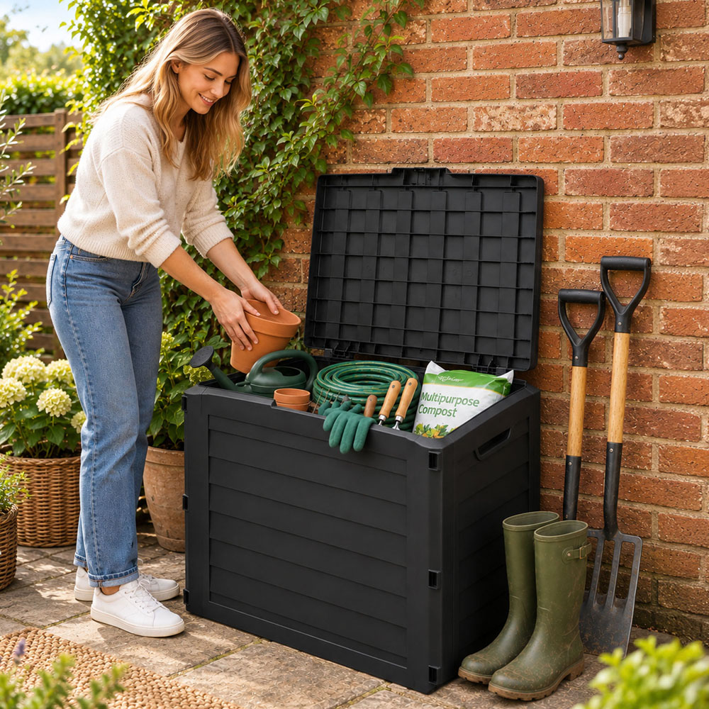 Neo 140L Black Wood-Effect Lockable Weather-Resistant Garden Storage Box Image 2