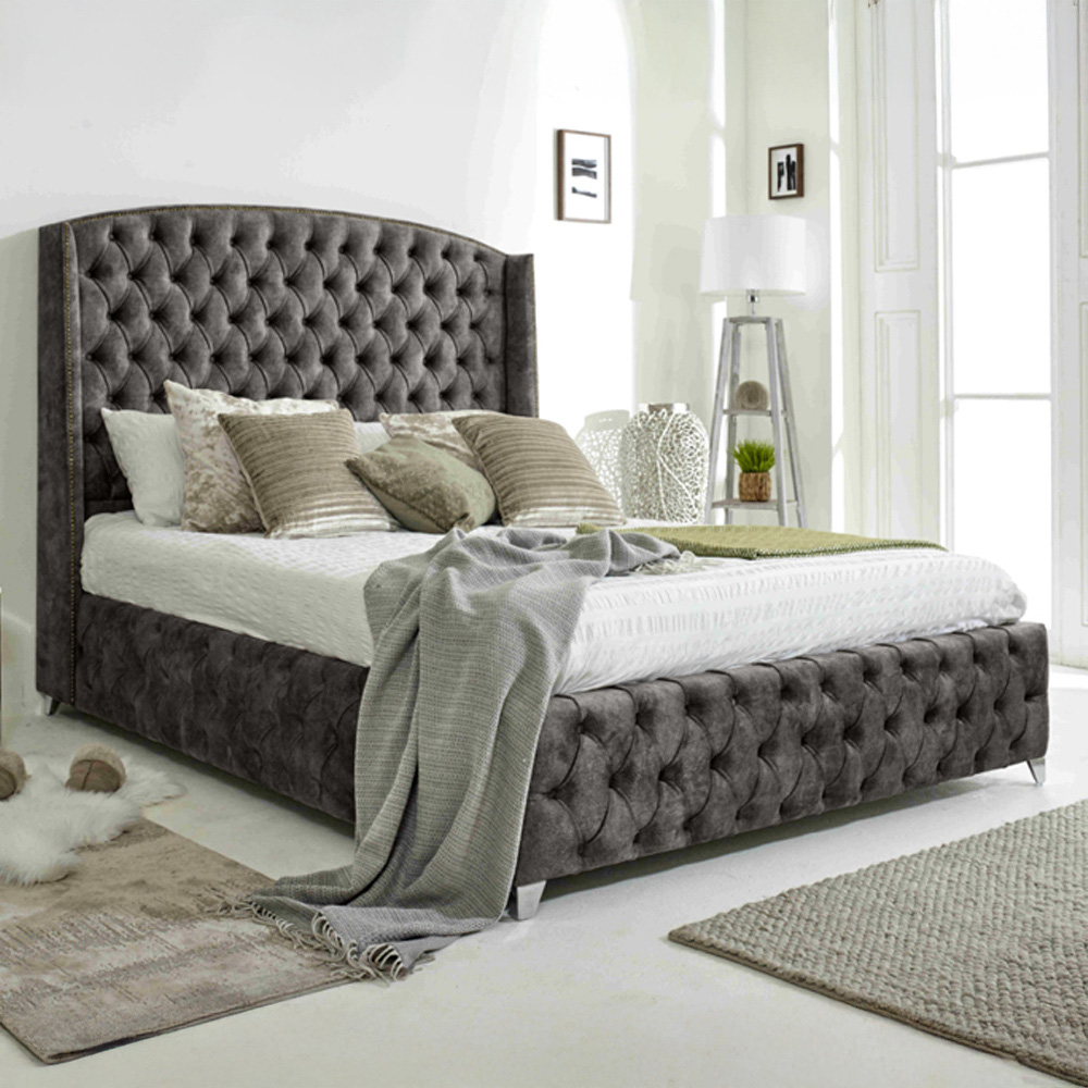 Eleganza Home Winfield Single Grey Oakland Fabric Bed Frame with Chesterfield Headboard Image 1