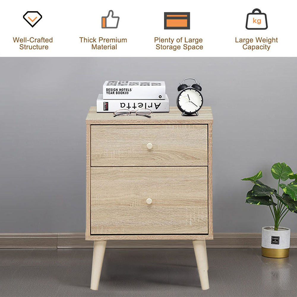Costway 2 Drawer Single Shelf Natural Bedside Table Image 4