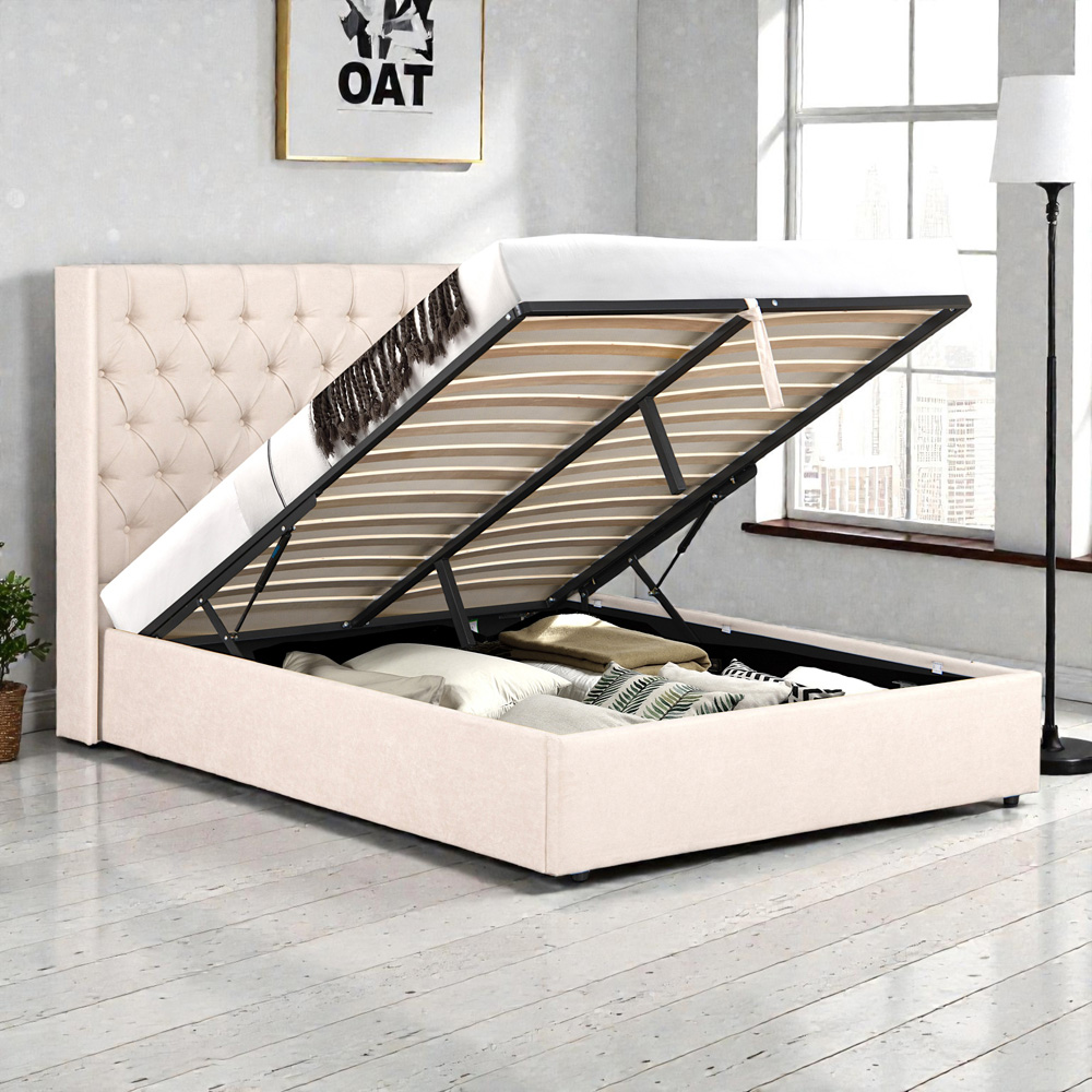 OAT Home Wrenbury Double Natural Lift-Up Ottoman Bed Frame with Buttoned Winged Headboard Image 7