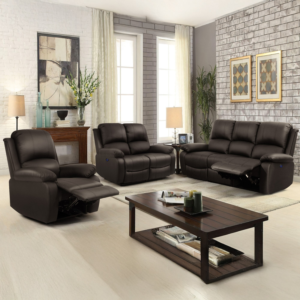 Comfy Living 6 Seater Brown PU Leather Electric Recliner Sofa Set Image 1