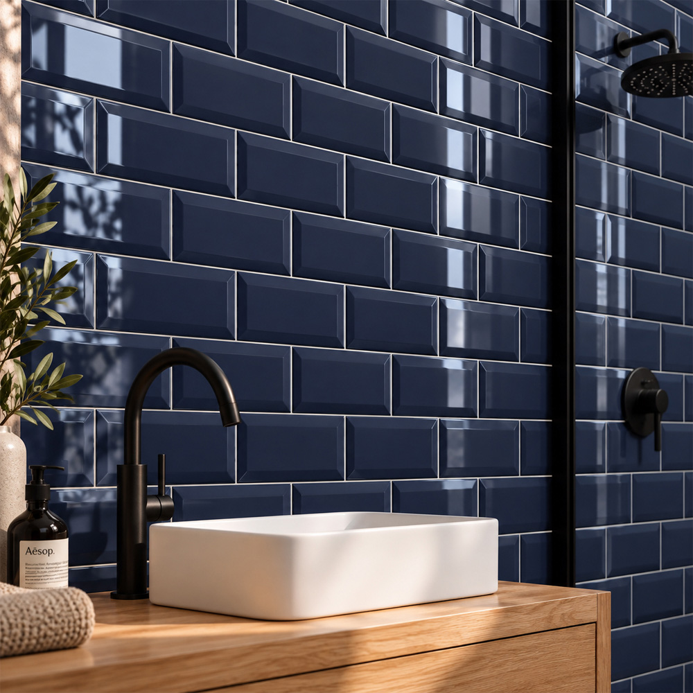 Go Bathrooms Metro Glossy Navy Blue Ceramic Wall Tile 100 x 200mm 50 Pack Image 3