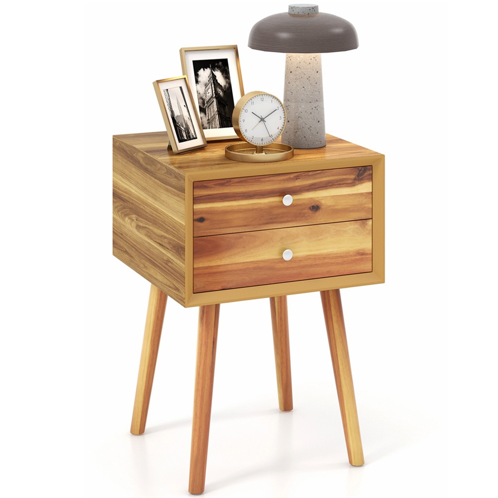 Costway 2 Drawer Natural Rubber Wood Legs Bedside Table Image 3