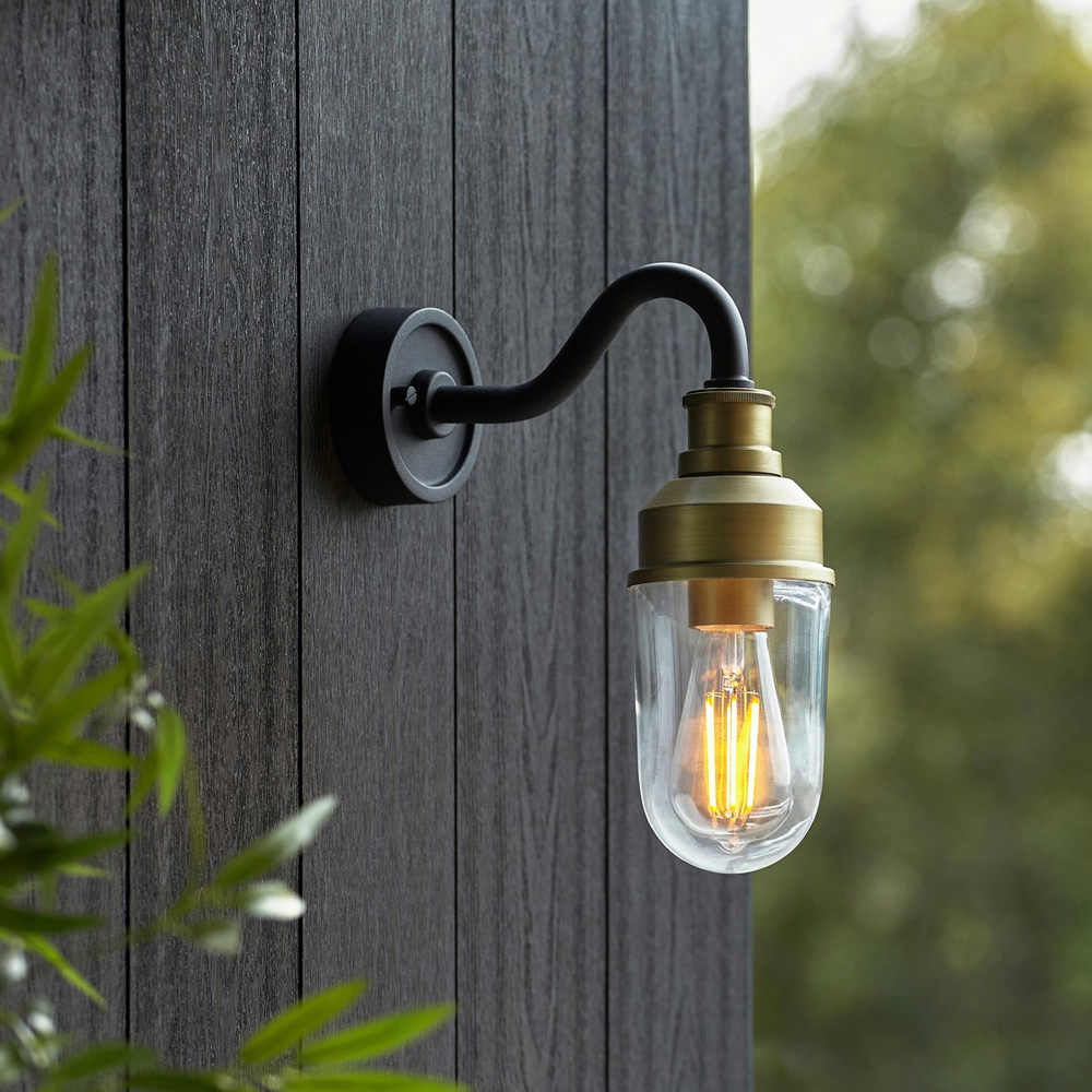 Merano Monza Matt Black Brushed Gold Clear Glass Outdoor Wall Lantern Image 8