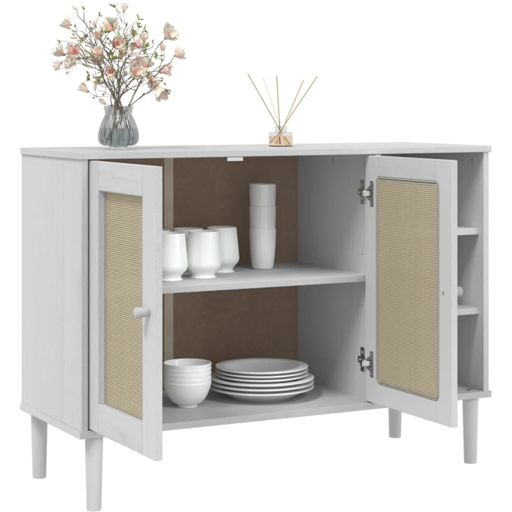 vidaXL Senja 2 Door 3 Shelf White Solid Pine Wood Rattan Look Sideboard Image 4