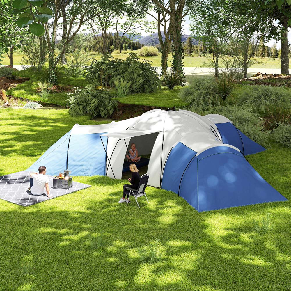 Outsunny 6-9 Person Tunnel Tent with 3 Bedroom and Porch Blue Image 2