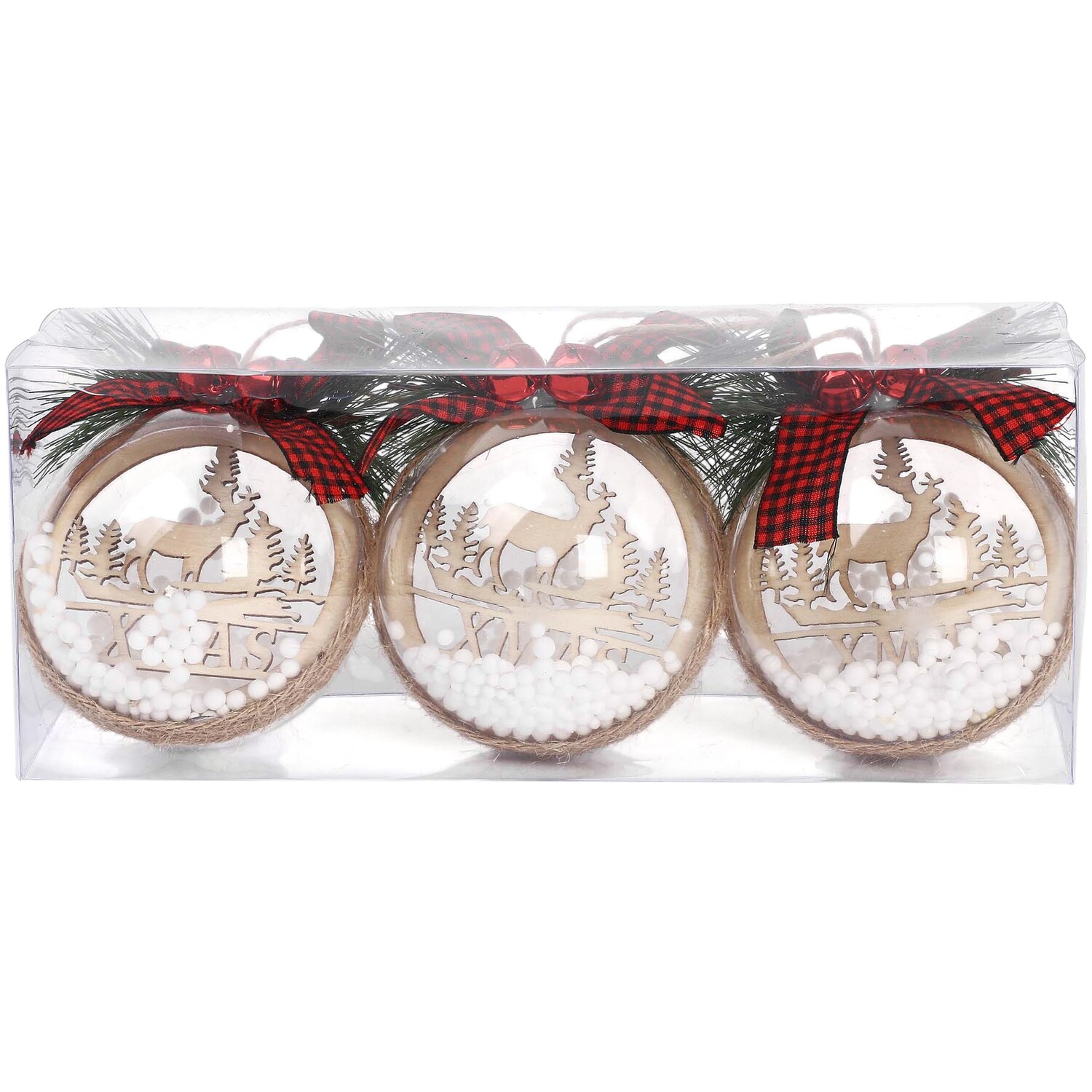 Set of 3 Snow Filled Scandi Baubles Natural Image 1