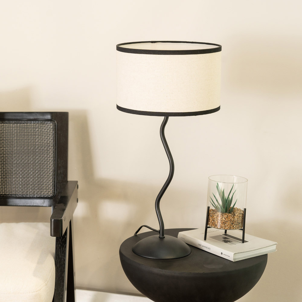 ValueLights Wiggle Linen Black Edge Drum Shade Black Metal Stem LED Table Lamp Image 4