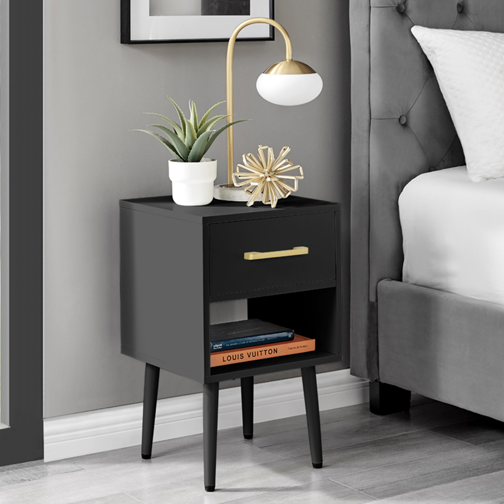 Furniturebox Tyler Single Drawer Black and Gold Small Bedside Table Image 1