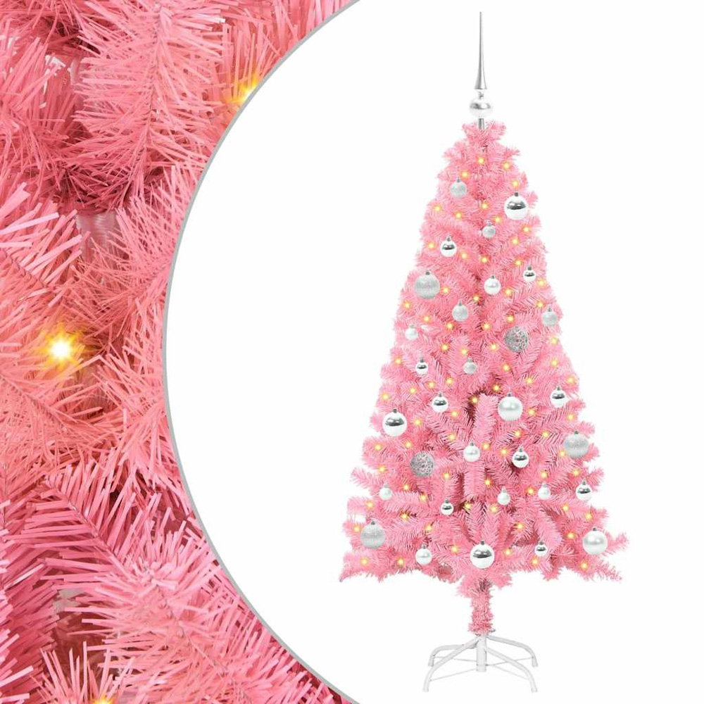 vidaXL Pre-Lit Silver Baubles Pink Artificial Christmas Tree 5ft Image 2