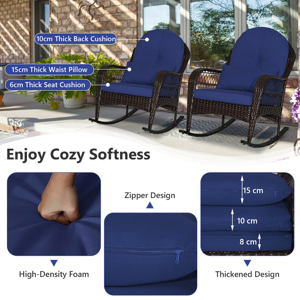 Costway Navy Patio Rattan Rocking Chair with Seat Back Cushions and Waist Pillow Image 5