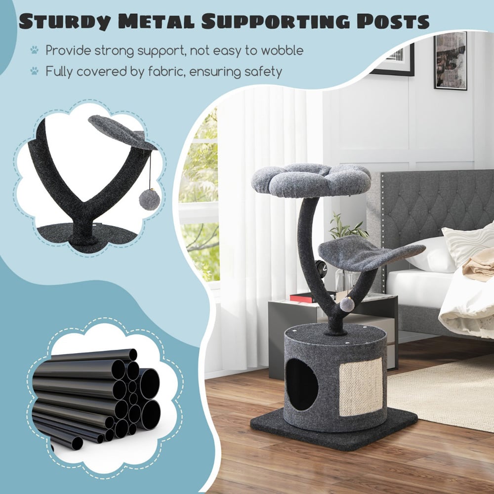 Costway 3 Tier Grey Cat Tower with Sisal Covered Scratching Board Image 6