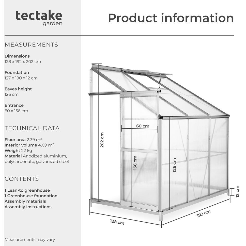 tectake Aluminium Frame 6.2 x 4ft Greenhouse with Base and Lean-To Image 9