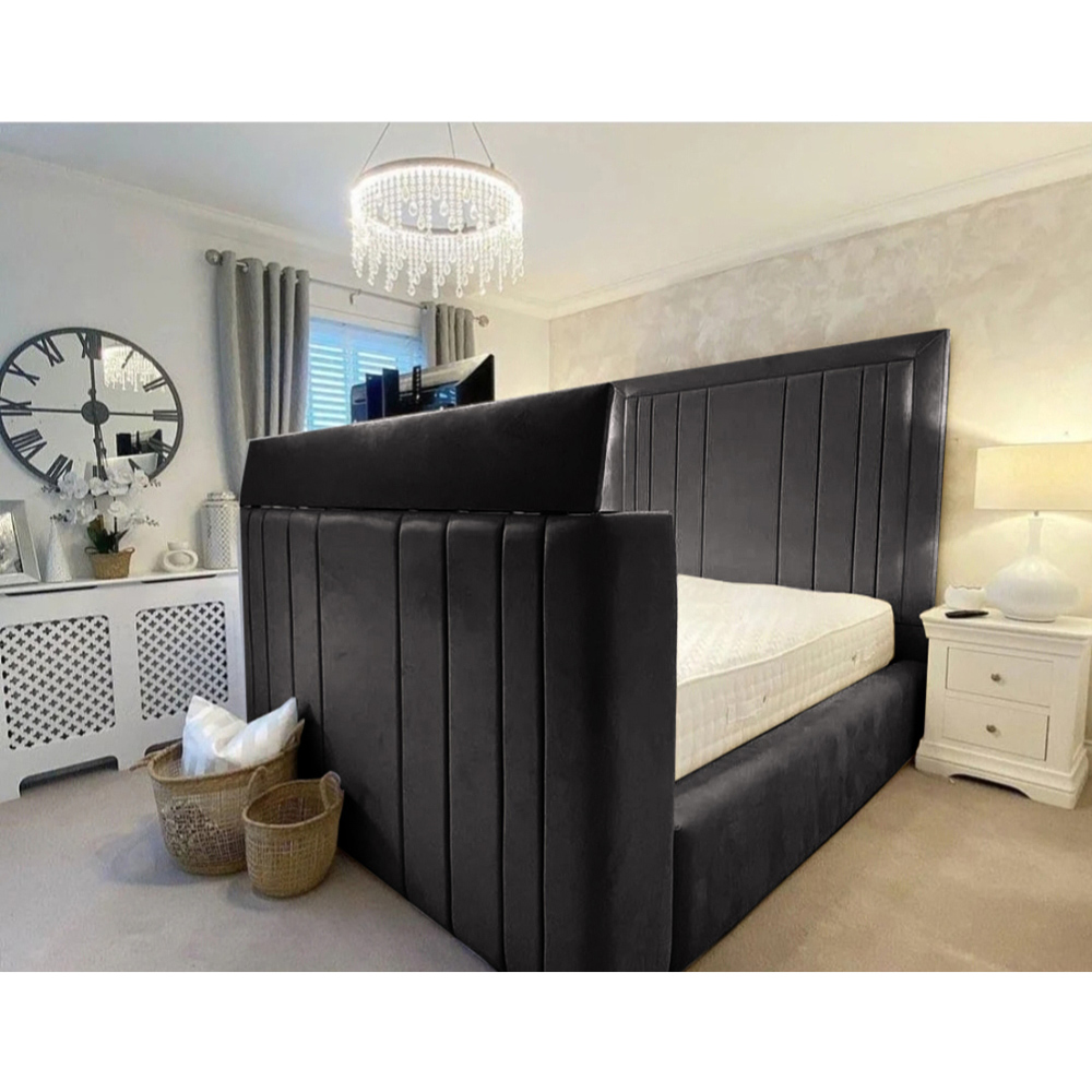 Eleganza Home Genna Super King Size Black Plush Velvet TV Bed Frame with Lined Headboard Image 3