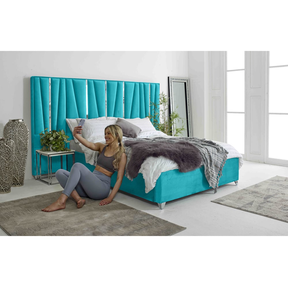 Eleganza Mila Double Teal Plush Velvet Bed Frame with Lined Headboard Image 7