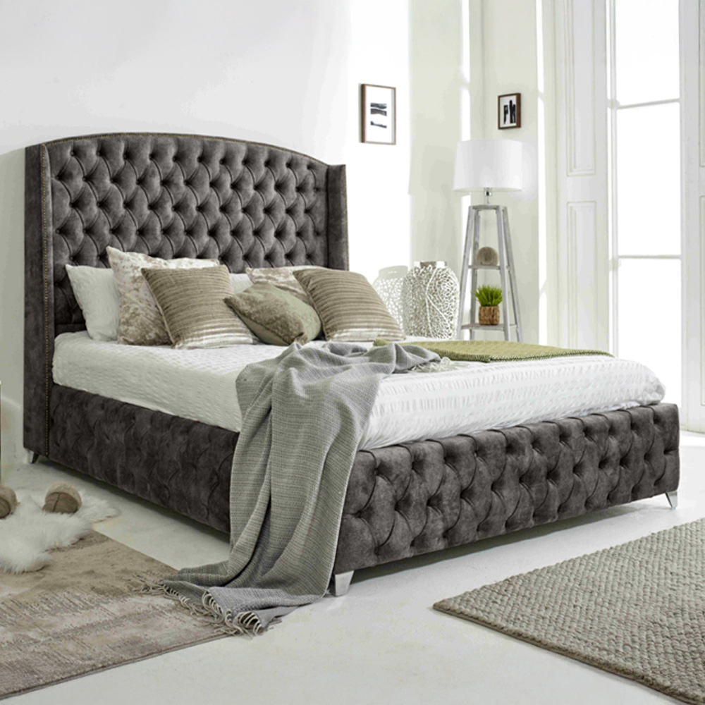 Eleganza Home Winfield Double Grey Oakland Fabric Bed Frame with Chesterfield Headboard Image 1