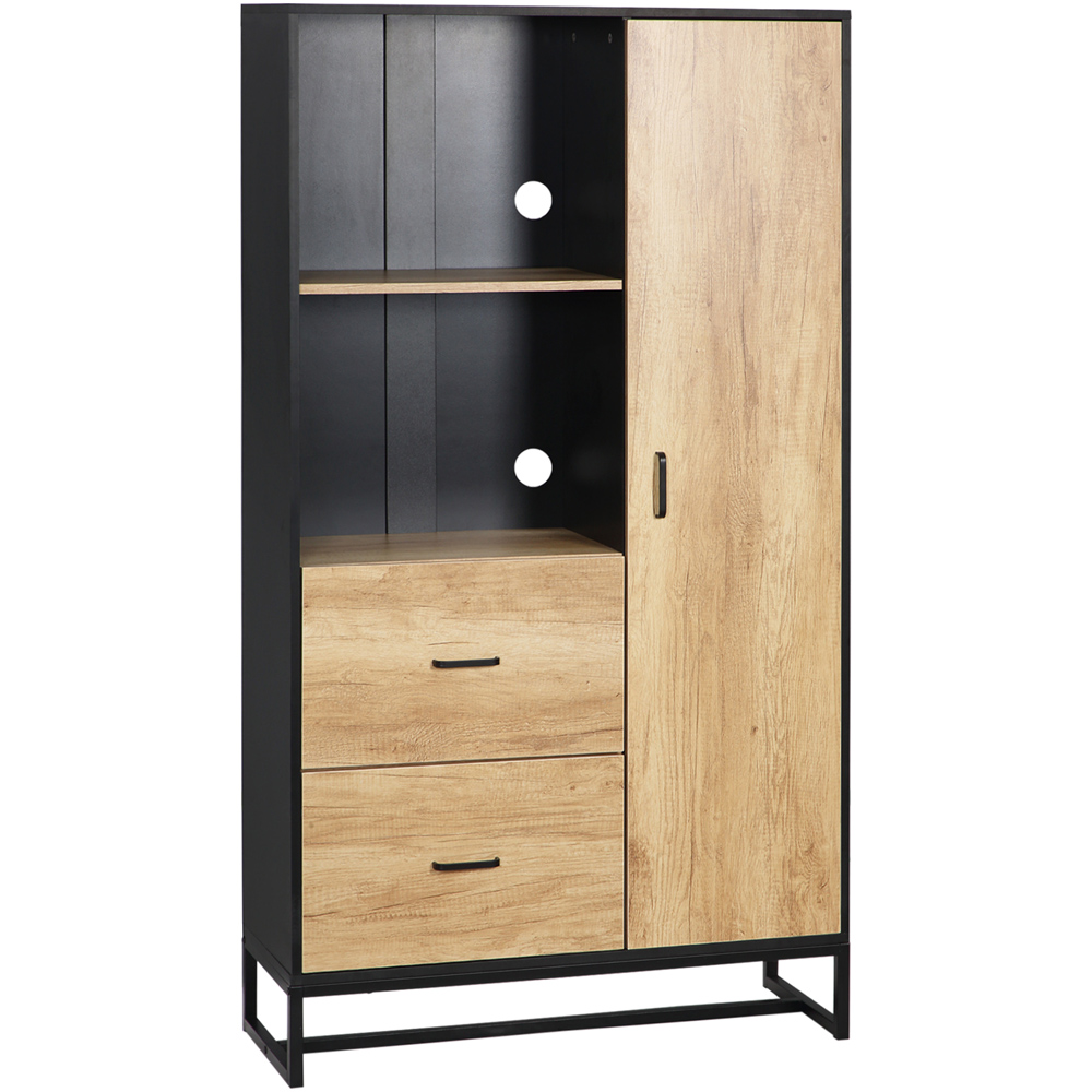 Portland Single Door 2 Shelf 2 Drawer Natural and Black Display Cabinet Image 2