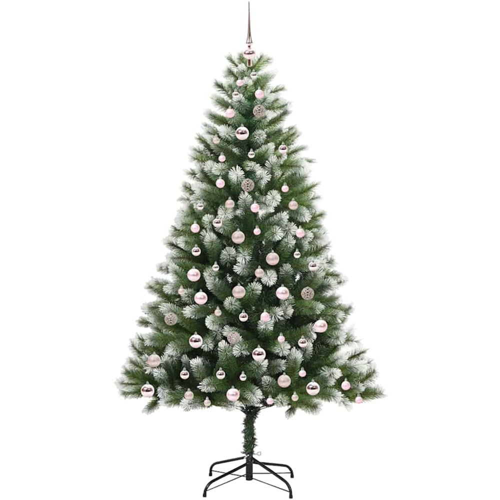 vidaXL Pre-Lit Pink Baubles Green Artificial Snow Tipped Hinged Christmas Tree 7ft Image 4