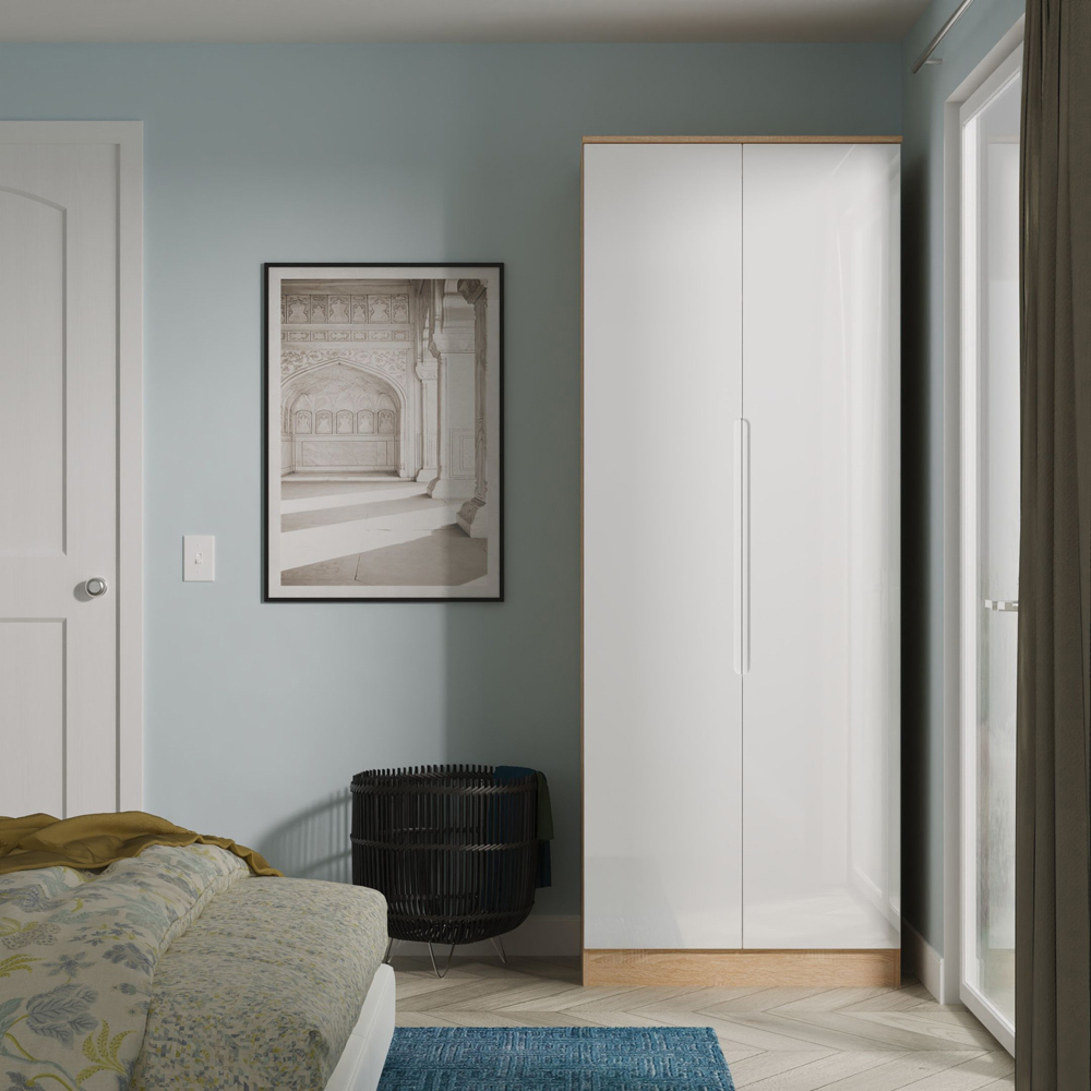 Crowndale Milan 2 Door White Gloss and Bardolino Oak Tall Wardrobe Ready Assembled Image 7