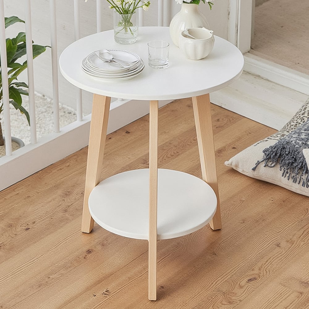 Living and Home 2-Tier White Round Wooden Coffee Side Table Image 1