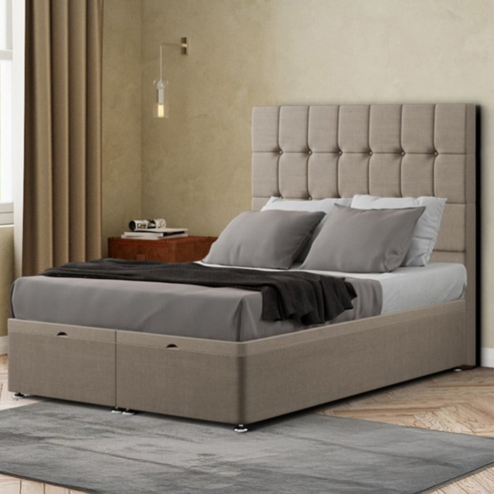 Portland Venezia Double Beige Linen Ottoman Bed with Headboard Image 1