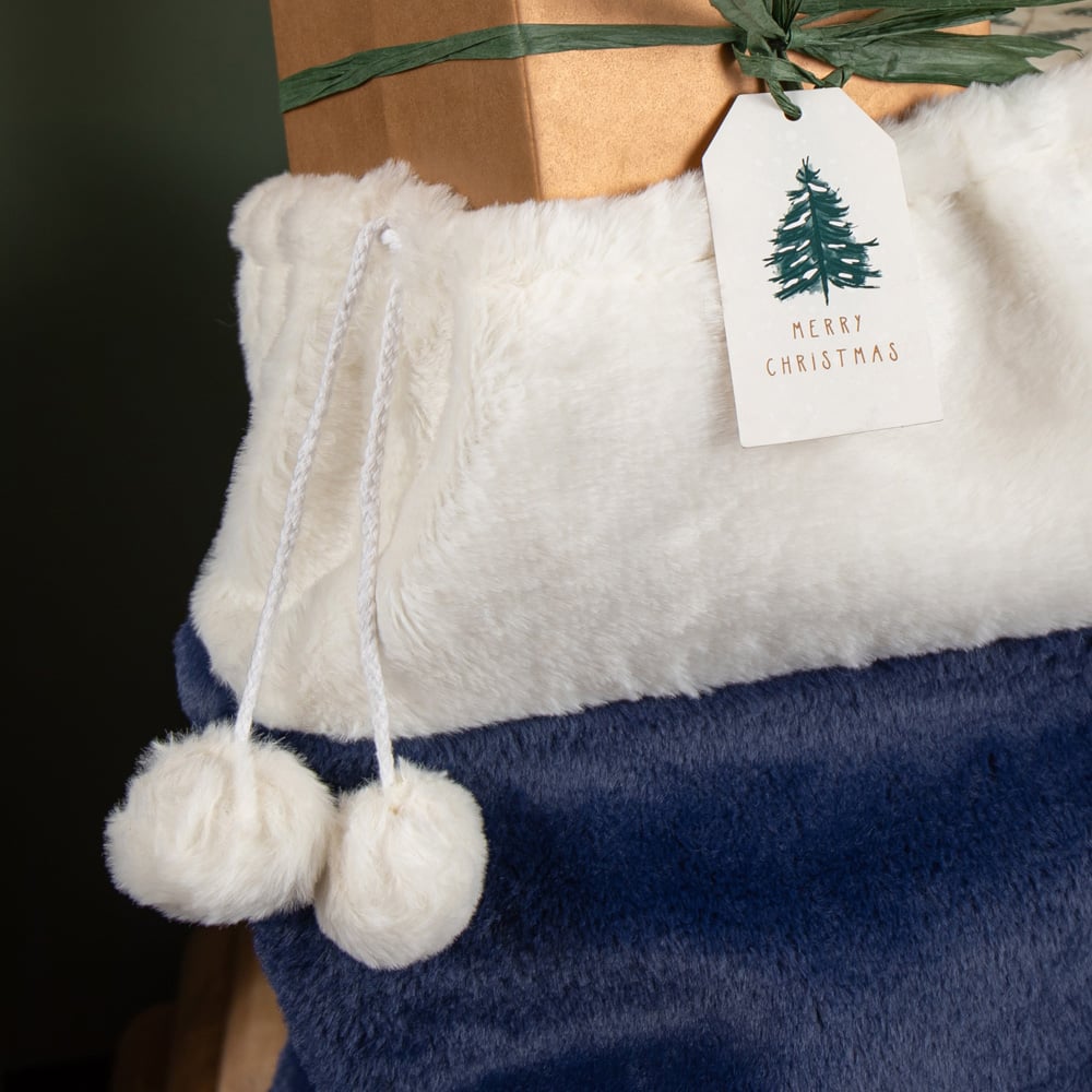 Samuel Alexander Blue Plush Christmas Sack with White Faux Fur Trim and Pom Poms 80 x 55cm Image 4