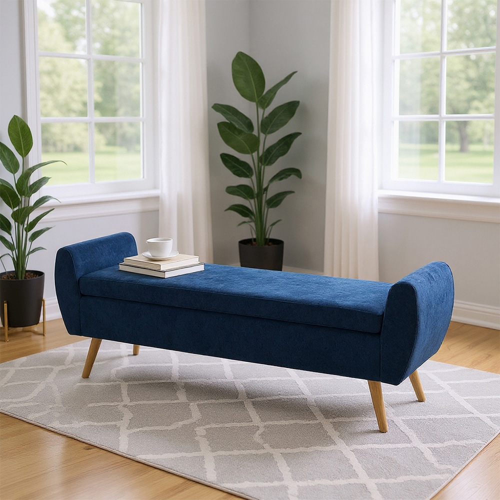 Living and Home Blue Chenille Upholstered Storage Bench Image 8