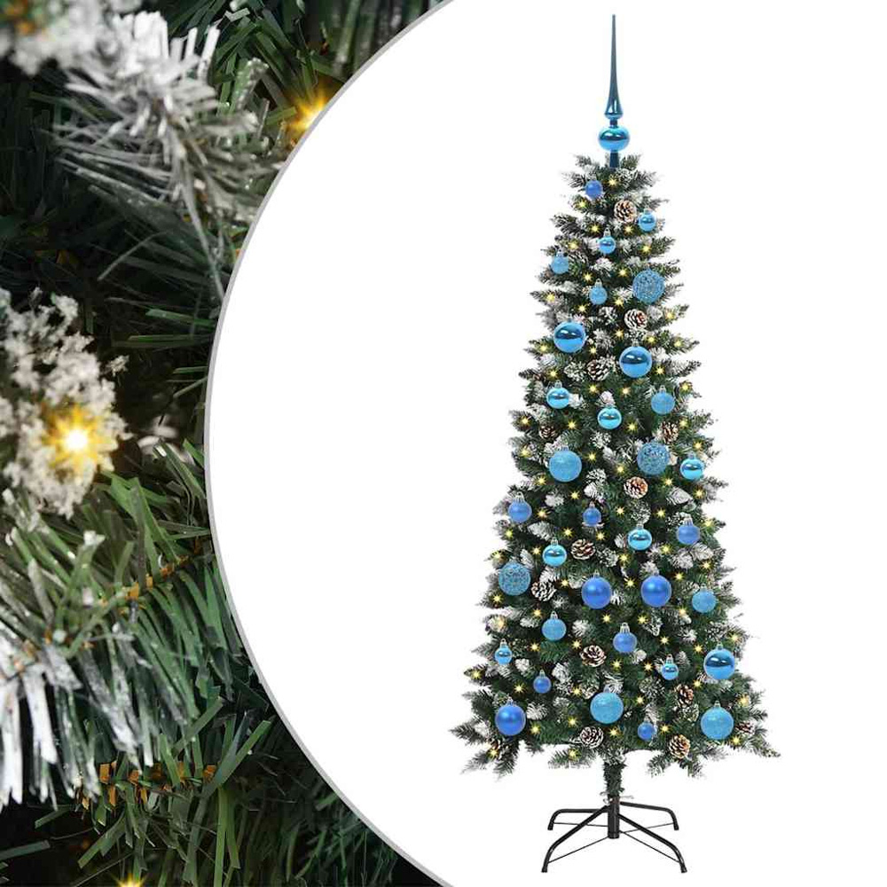 vidaXL Pre-Lit Blue Baubles Green Artificial Snow Tipped Christmas Tree 5ft Image 2