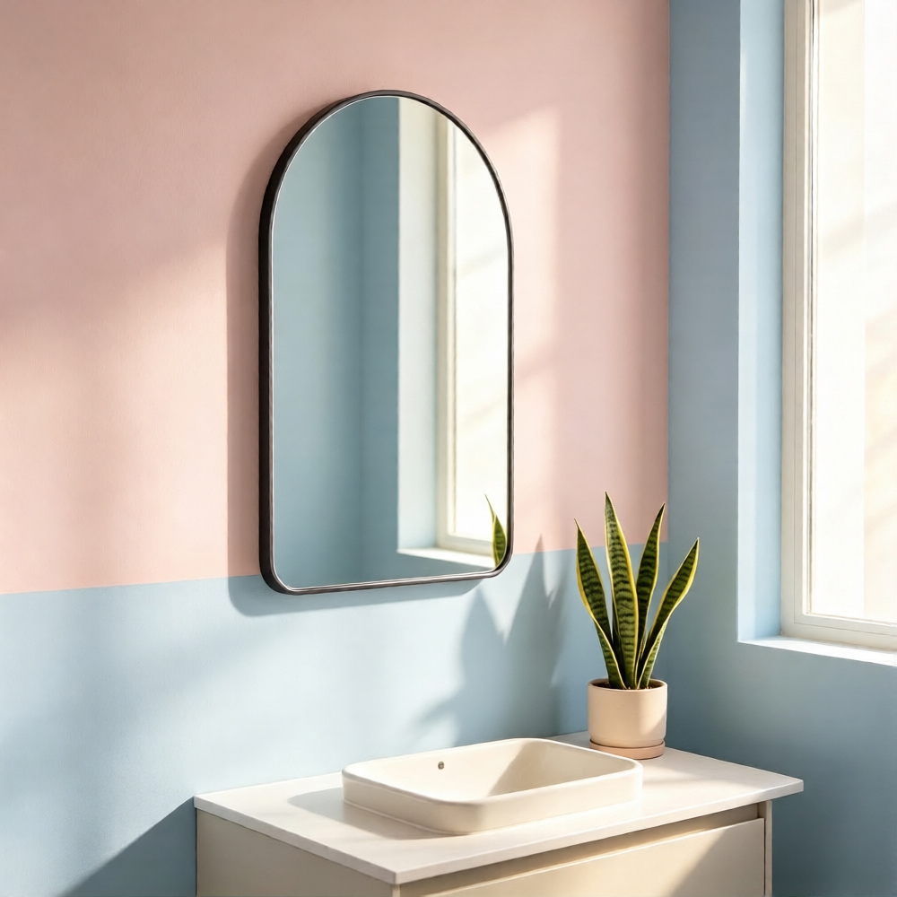 Living and Home Black Arched Aluminium HD Float Glass Bathroom Mirror with Towel Bar 40 x 60cm Image 2